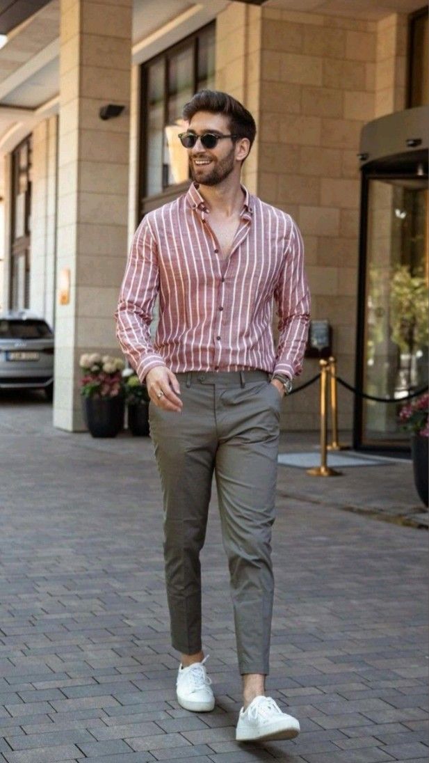 Pink Striped Shirt with Gray Pants